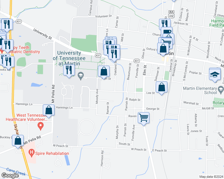 map of restaurants, bars, coffee shops, grocery stores, and more near 501 Lee Street in Martin