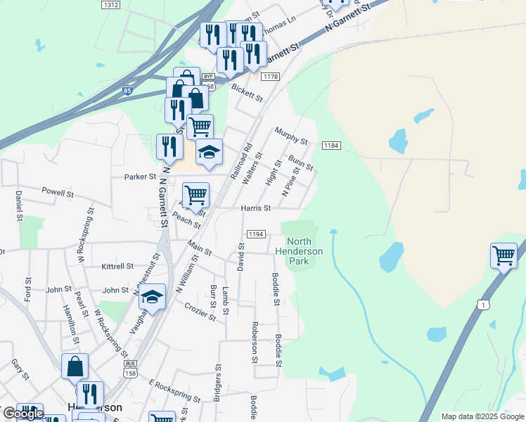 map of restaurants, bars, coffee shops, grocery stores, and more near 334 Harris Street in Henderson
