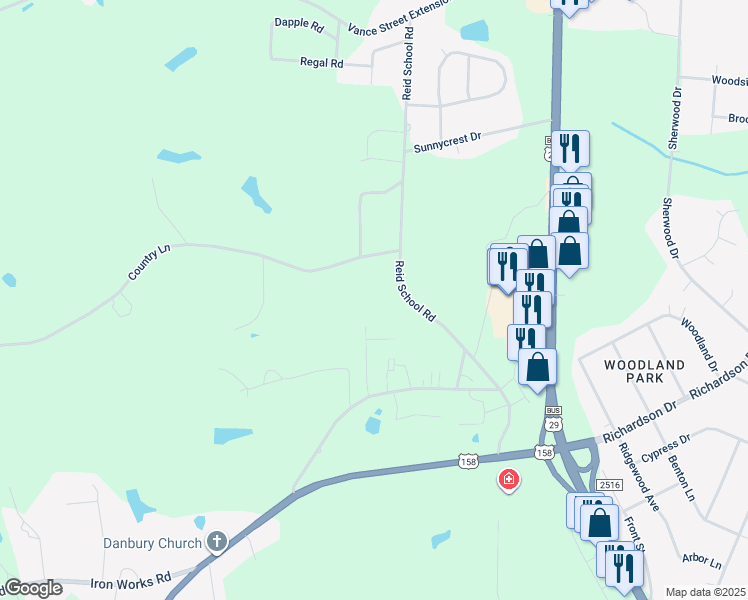 map of restaurants, bars, coffee shops, grocery stores, and more near 189 Brentwood Drive in Reidsville