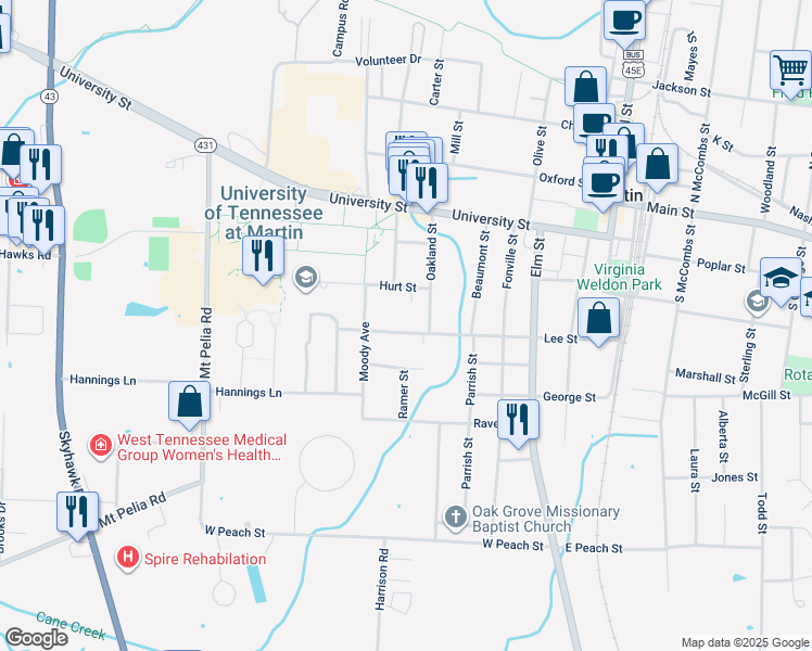 map of restaurants, bars, coffee shops, grocery stores, and more near 519 Lee Street in Martin