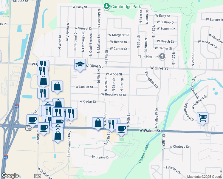 map of restaurants, bars, coffee shops, grocery stores, and more near 505 North 36th Street in Rogers