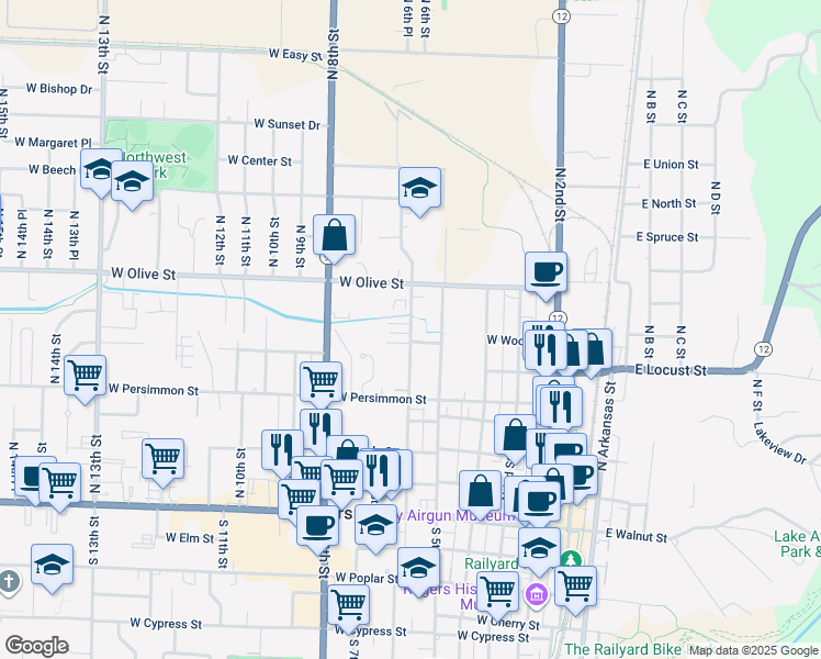 map of restaurants, bars, coffee shops, grocery stores, and more near 622 North 6th Street in Rogers