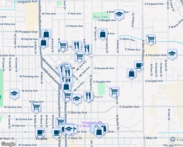 map of restaurants, bars, coffee shops, grocery stores, and more near 800 North Santa Fe Street in Visalia