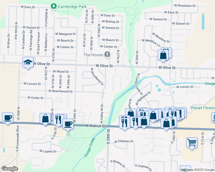 map of restaurants, bars, coffee shops, grocery stores, and more near 702 North 28th Street in Rogers