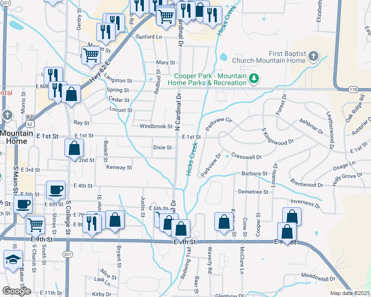 map of restaurants, bars, coffee shops, grocery stores, and more near 110 Parkview Drive in Mountain Home
