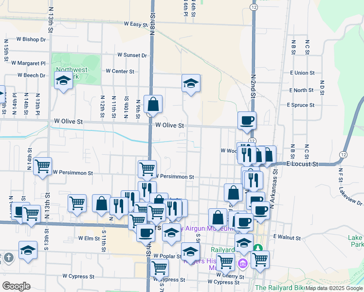 map of restaurants, bars, coffee shops, grocery stores, and more near 622 North 6th Street in Rogers