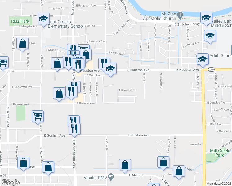 map of restaurants, bars, coffee shops, grocery stores, and more near 1111 North O'Malley Street in Visalia