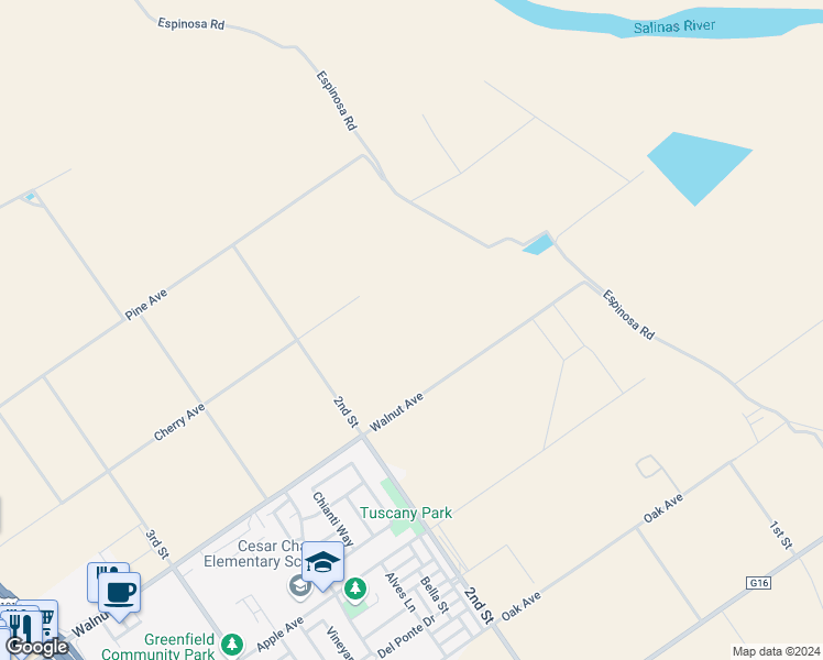 map of restaurants, bars, coffee shops, grocery stores, and more near 41725 Walnut Avenue in Greenfield