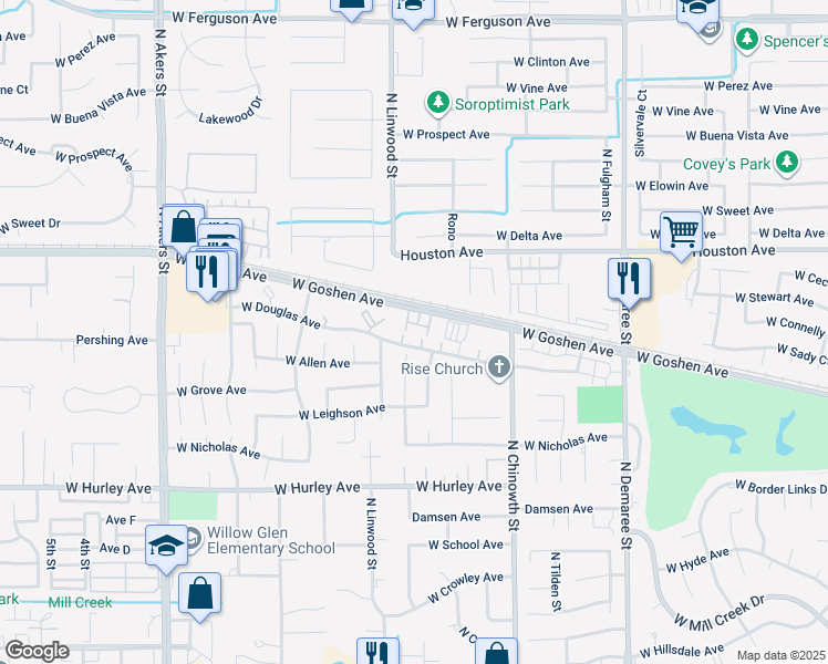 map of restaurants, bars, coffee shops, grocery stores, and more near 4416 West Douglas Avenue in Visalia