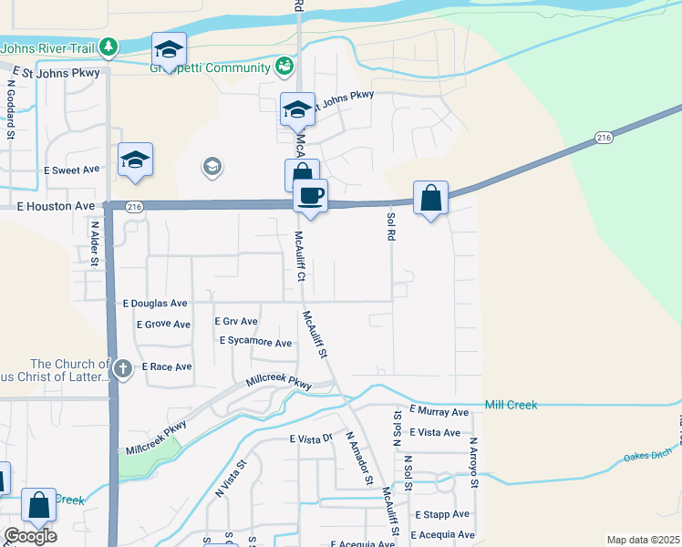 map of restaurants, bars, coffee shops, grocery stores, and more near 3842 East Douglas Avenue in Visalia