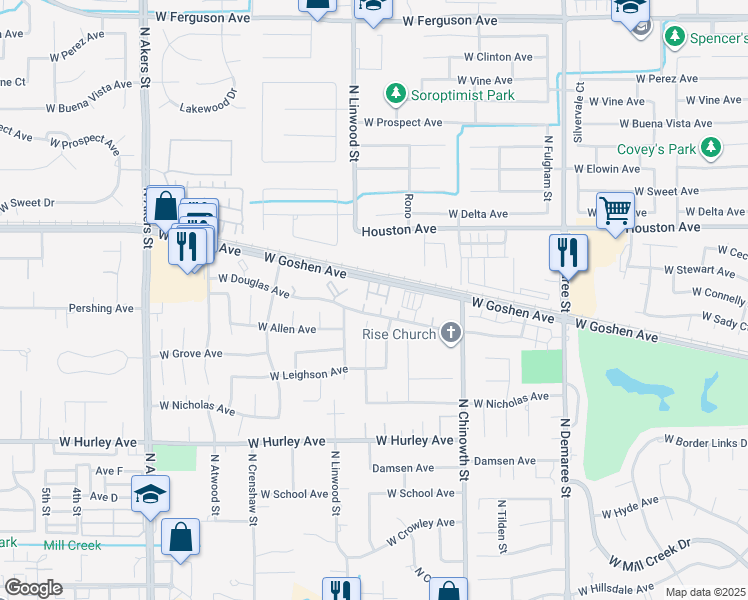 map of restaurants, bars, coffee shops, grocery stores, and more near 4401 West Goshen Avenue in Visalia