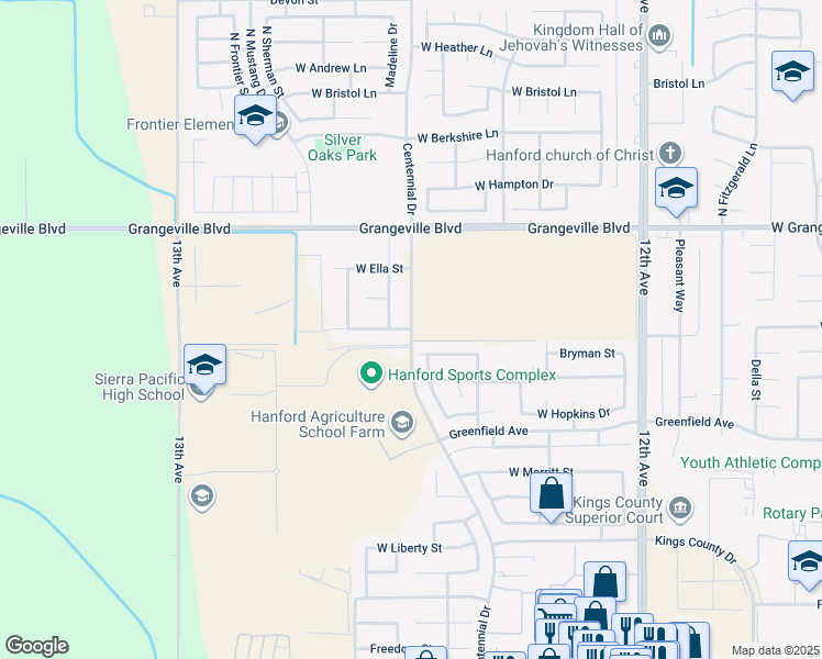 map of restaurants, bars, coffee shops, grocery stores, and more near Centennial Drive in Hanford