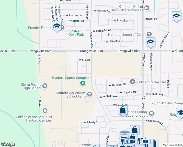 map of restaurants, bars, coffee shops, grocery stores, and more near 1850 Centennial Drive in Hanford
