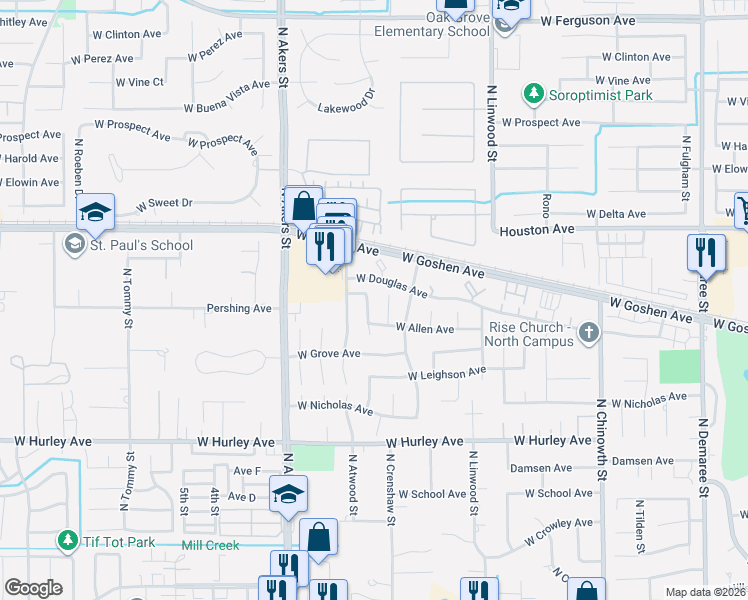 map of restaurants, bars, coffee shops, grocery stores, and more near 1116 North Crenshaw Street in Visalia