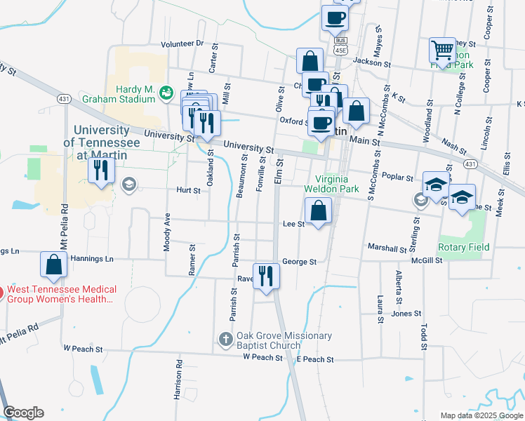 map of restaurants, bars, coffee shops, grocery stores, and more near 301A Elm Street in Martin