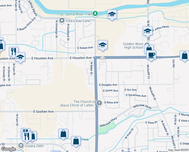 map of restaurants, bars, coffee shops, grocery stores, and more near 1008 North Lovers Lane in Visalia