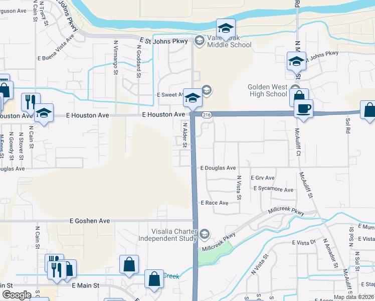 map of restaurants, bars, coffee shops, grocery stores, and more near 2805 East Pershing Court in Visalia