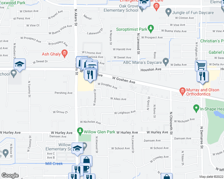 map of restaurants, bars, coffee shops, grocery stores, and more near 1145 North Kent Street in Visalia
