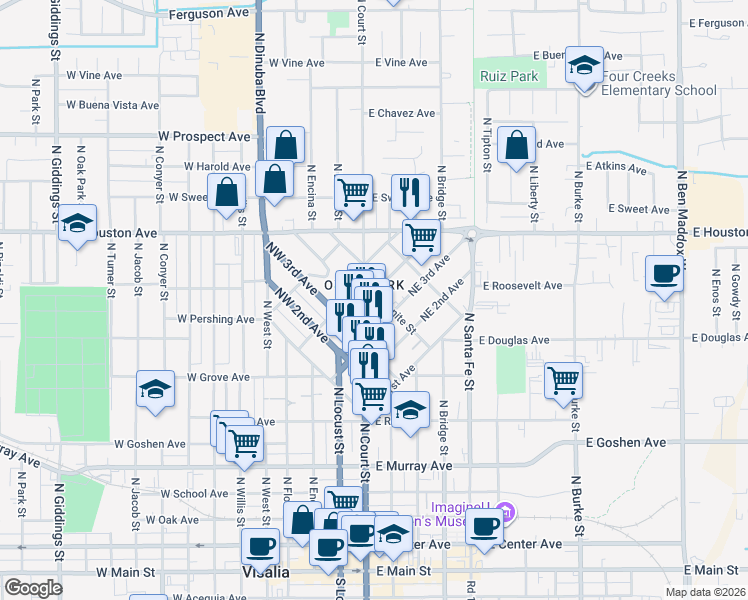 map of restaurants, bars, coffee shops, grocery stores, and more near 317 Granite Street in Visalia