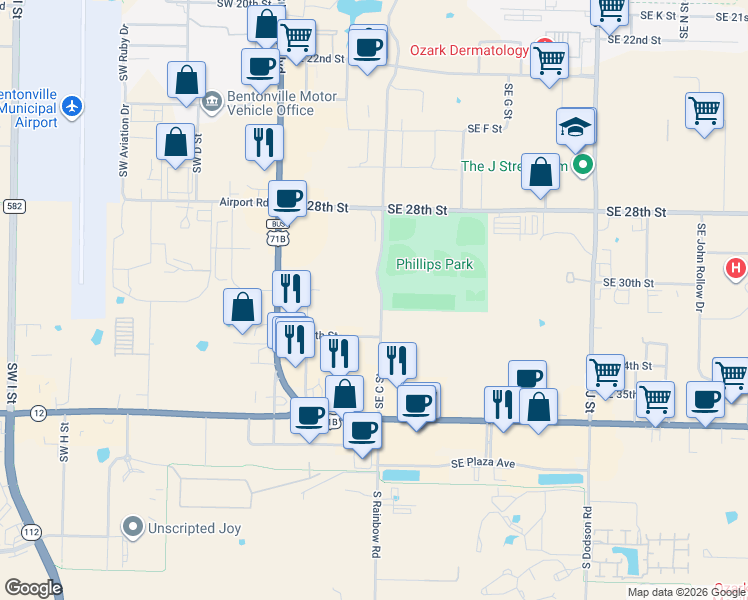 map of restaurants, bars, coffee shops, grocery stores, and more near 3118 Southeast C Street in Bentonville
