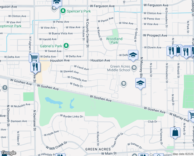 map of restaurants, bars, coffee shops, grocery stores, and more near 2841 West Connelly Avenue in Visalia