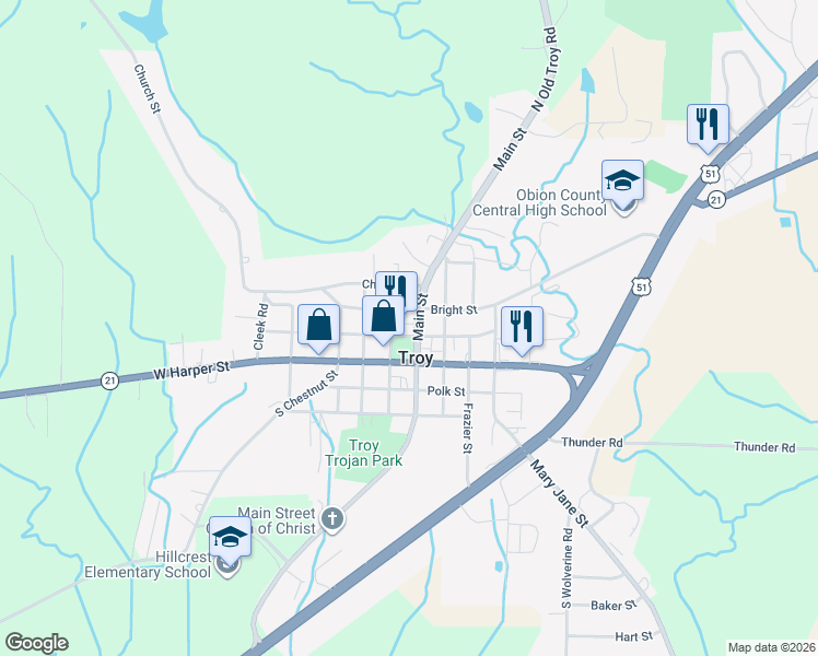 map of restaurants, bars, coffee shops, grocery stores, and more near in Troy