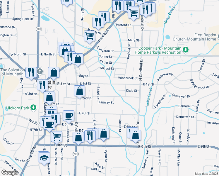 map of restaurants, bars, coffee shops, grocery stores, and more near 709 East 2nd Street in Mountain Home