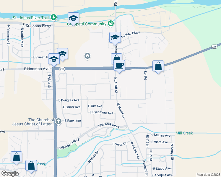 map of restaurants, bars, coffee shops, grocery stores, and more near 1041 North Manzanita Street in Visalia