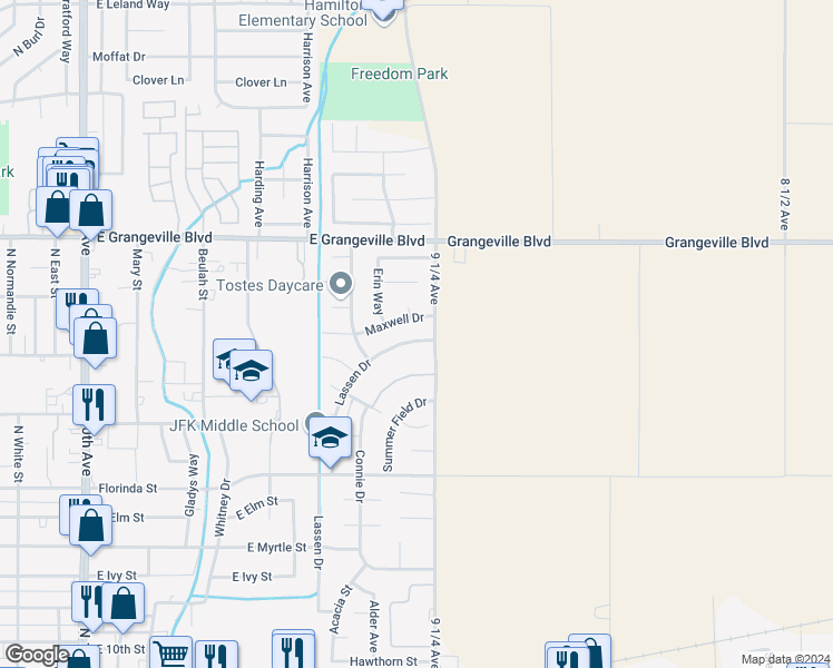 map of restaurants, bars, coffee shops, grocery stores, and more near 1376 Lassen Drive in Hanford