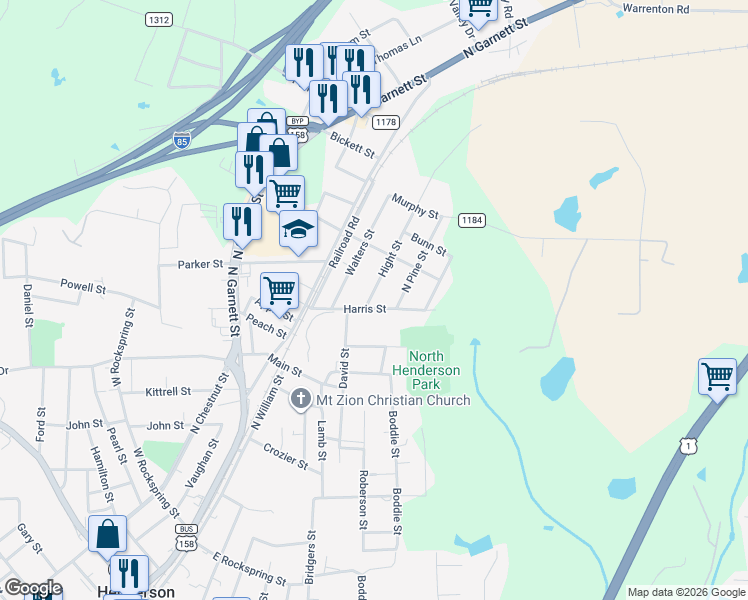 map of restaurants, bars, coffee shops, grocery stores, and more near 334 Harris Street in Henderson