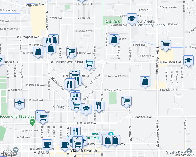 map of restaurants, bars, coffee shops, grocery stores, and more near 336 Northeast 1st Avenue in Visalia