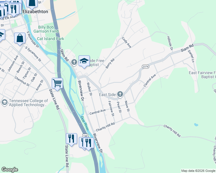 map of restaurants, bars, coffee shops, grocery stores, and more near 1219 Siam Road in Elizabethton
