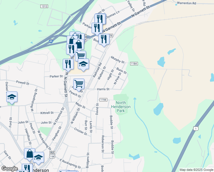 map of restaurants, bars, coffee shops, grocery stores, and more near 334 Harris Street in Henderson