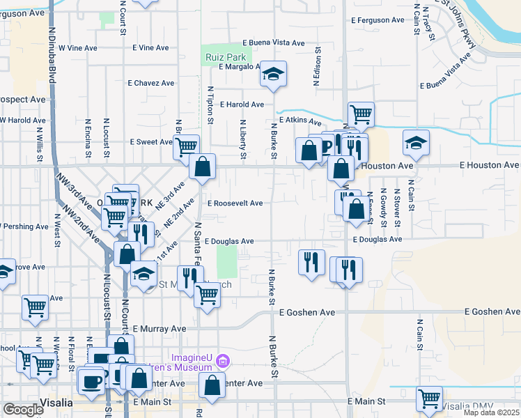 map of restaurants, bars, coffee shops, grocery stores, and more near 748 East Douglas Avenue in Visalia