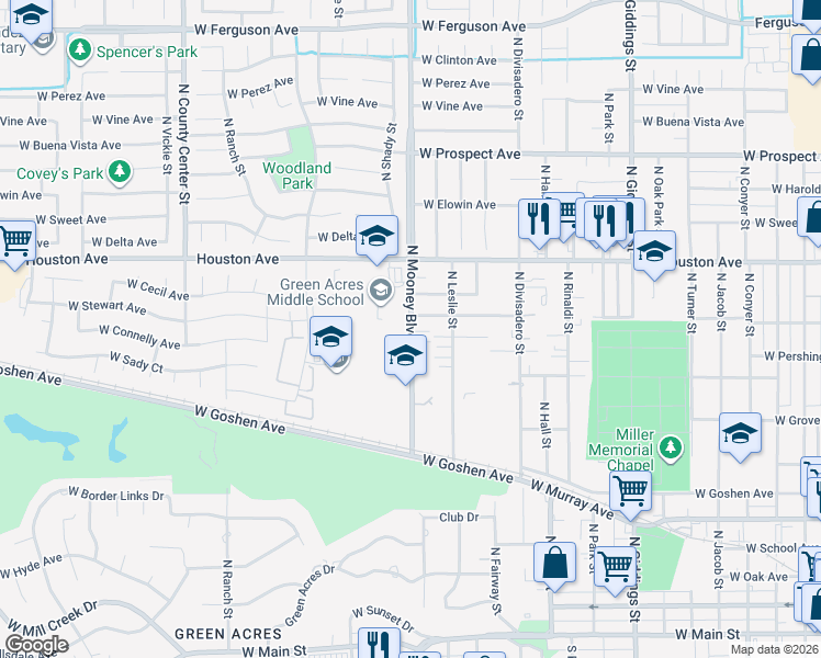 map of restaurants, bars, coffee shops, grocery stores, and more near 1147 North Mooney Boulevard in Visalia