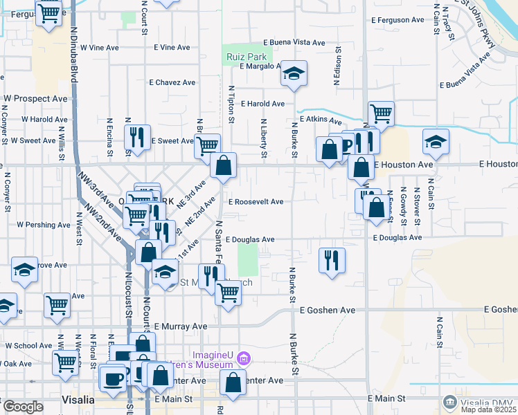 map of restaurants, bars, coffee shops, grocery stores, and more near 620 East Roosevelt Avenue in Visalia