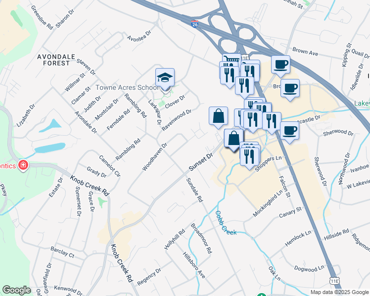 map of restaurants, bars, coffee shops, grocery stores, and more near 500 Woodhaven Drive in Johnson City