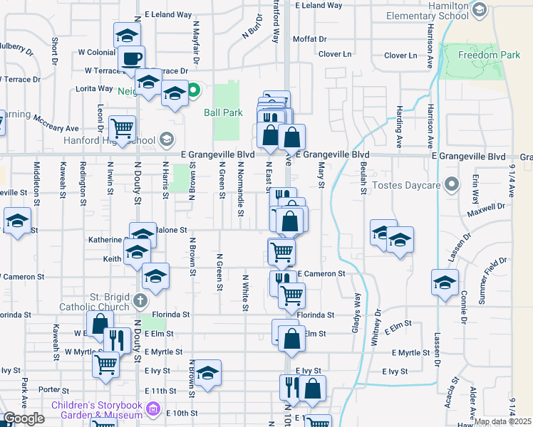 map of restaurants, bars, coffee shops, grocery stores, and more near 1332 North East Street in Hanford