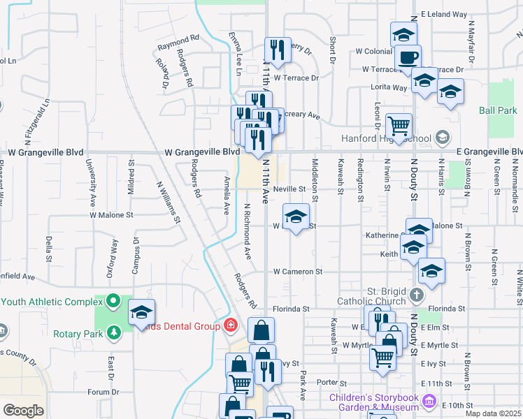 map of restaurants, bars, coffee shops, grocery stores, and more near 1445 North 11th Avenue in Hanford