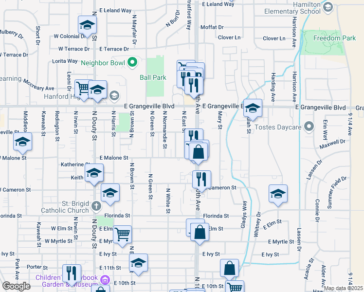map of restaurants, bars, coffee shops, grocery stores, and more near 1332 North East Street in Hanford
