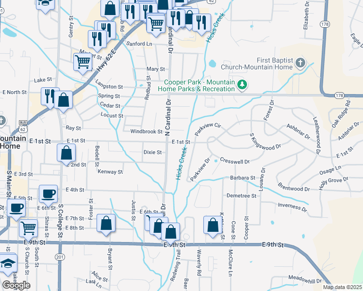 map of restaurants, bars, coffee shops, grocery stores, and more near 1016 East 1st Street in Mountain Home