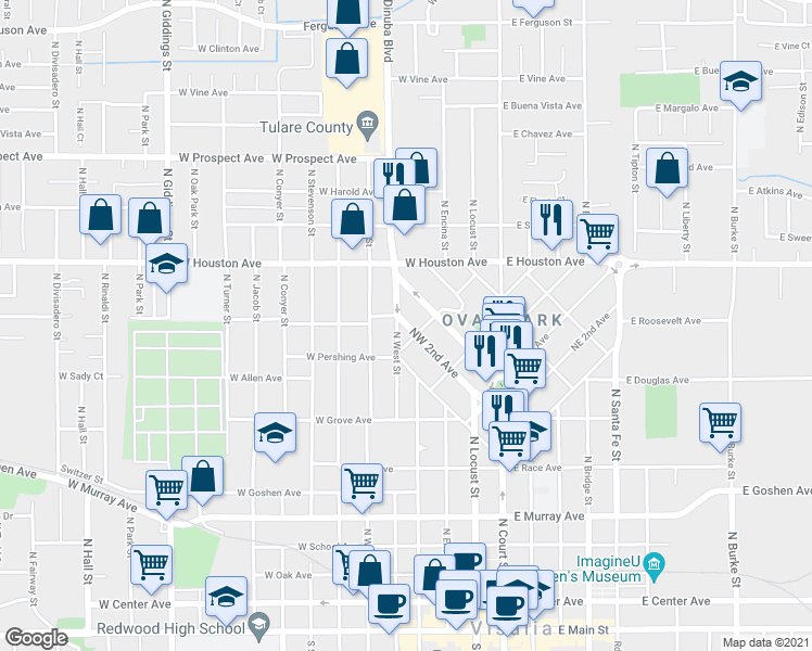 map of restaurants, bars, coffee shops, grocery stores, and more near 411 Northwest 2nd Avenue in Visalia