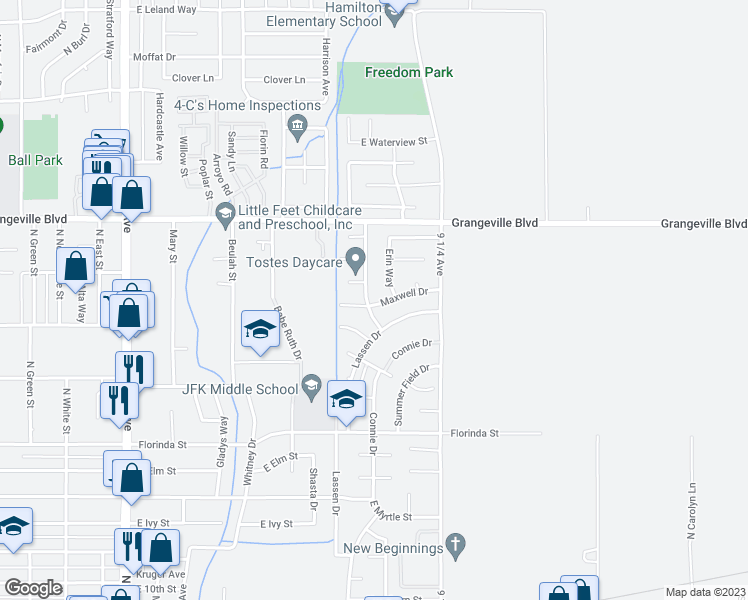 map of restaurants, bars, coffee shops, grocery stores, and more near 1210 Maxwell Drive in Hanford