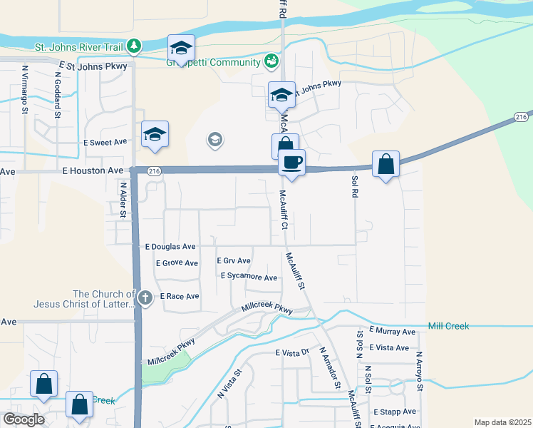 map of restaurants, bars, coffee shops, grocery stores, and more near 3550 East Roosevelt Avenue in Visalia