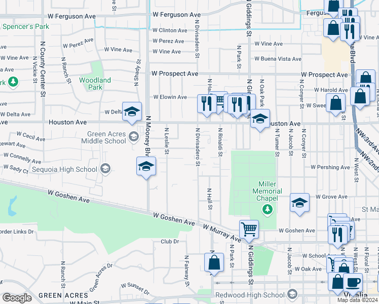 map of restaurants, bars, coffee shops, grocery stores, and more near 1747 West Connelly Avenue in Visalia