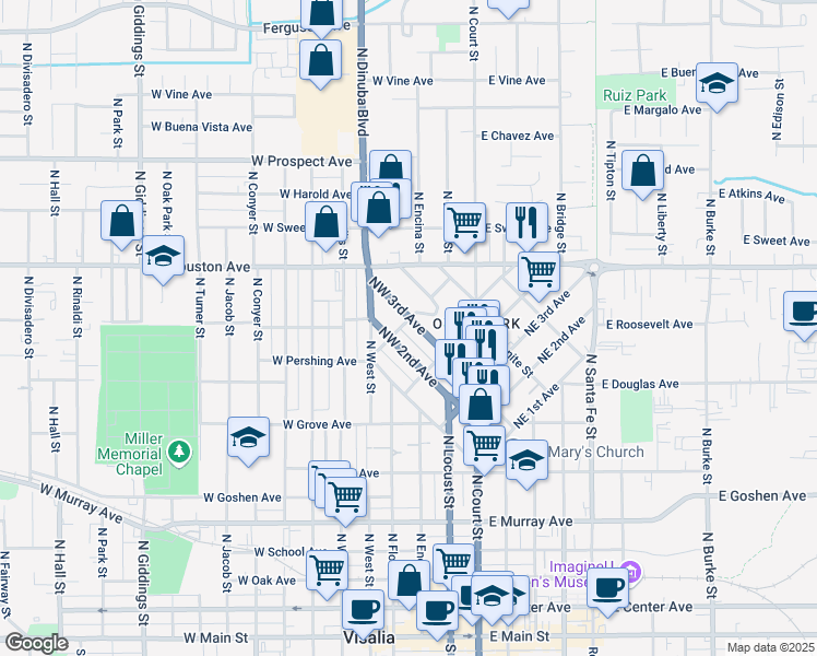 map of restaurants, bars, coffee shops, grocery stores, and more near 223 Northwest 3rd Avenue in Visalia