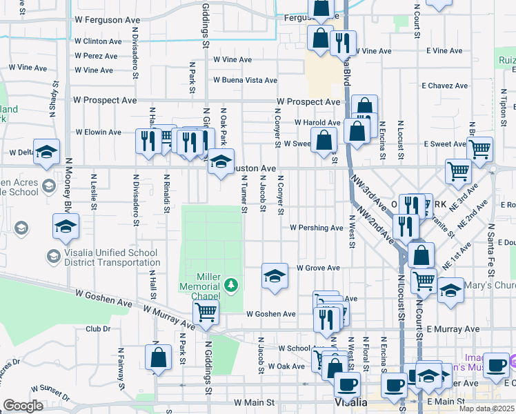 map of restaurants, bars, coffee shops, grocery stores, and more near 1021 North Jacob Street in Visalia