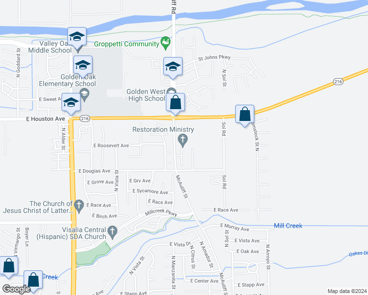 map of restaurants, bars, coffee shops, grocery stores, and more near 1144 North Sumter Court in Visalia