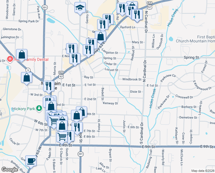 map of restaurants, bars, coffee shops, grocery stores, and more near 601 East 1st Street in Mountain Home