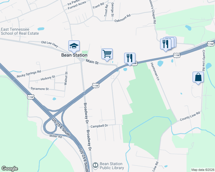 map of restaurants, bars, coffee shops, grocery stores, and more near 174-220 Phyllis Drive in Bean Station